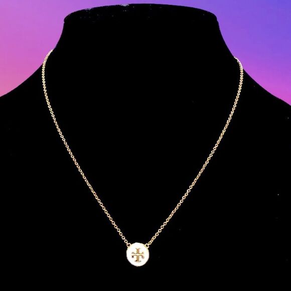 TORY BURCH KIRA ENAMELED PENDANT LOGO GOLD NECKLACE - Picture 1 of 3